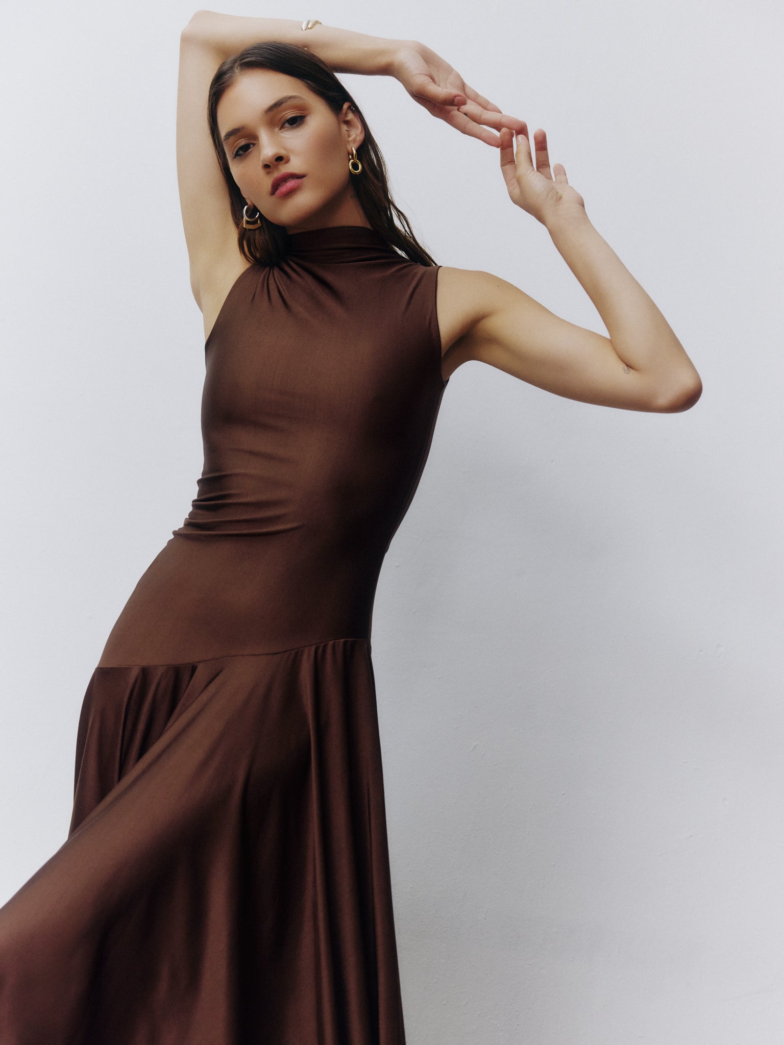 Dylan Dress in Brown Asymmetric Pleated Midi | Selvi Brown / XL Dylan Dress in Brown Asymmetric Pleated Midi | Selvi Brown / XL