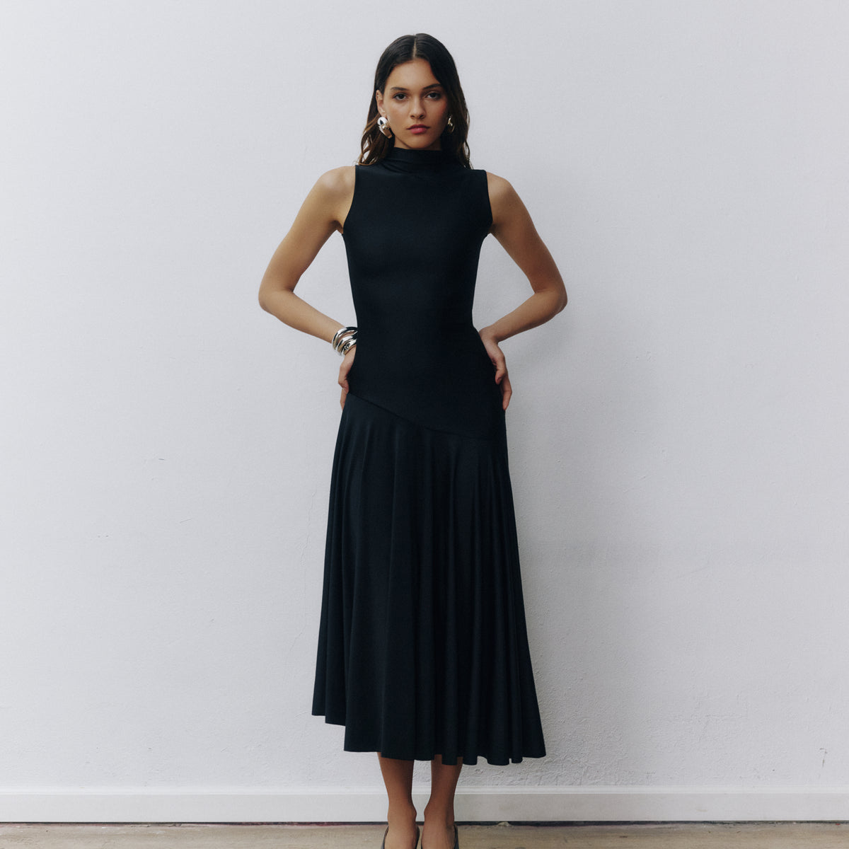 Dylan Dress in Black Asymmetric Pleated Midi | Selvi Olive / M Dylan Dress in Black Asymmetric Pleated Midi | Selvi Olive / M