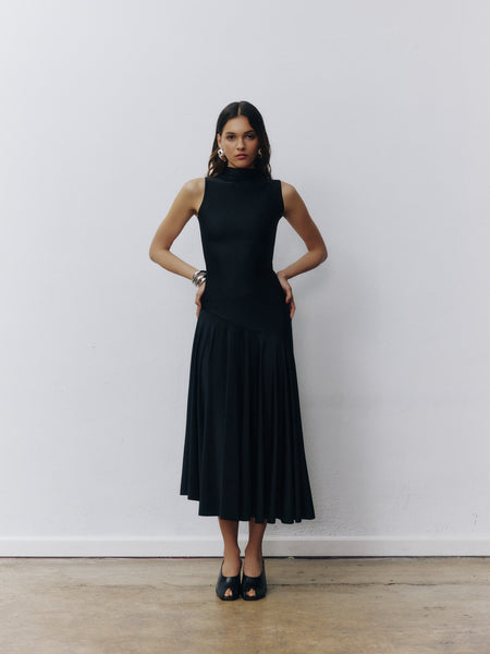 Dylan Dress in Black Asymmetric Pleated Midi | Selvi Black / L Dylan Dress in Black Asymmetric Pleated Midi | Selvi Black / L