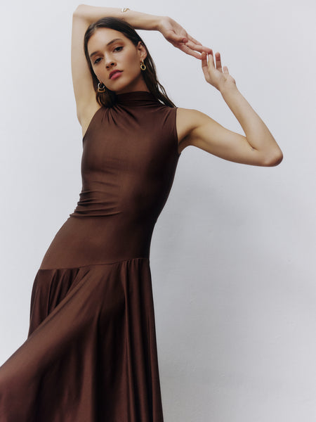 Dylan Dress in Brown  Asymmetric Pleated Midi | Selvi Brown / XL