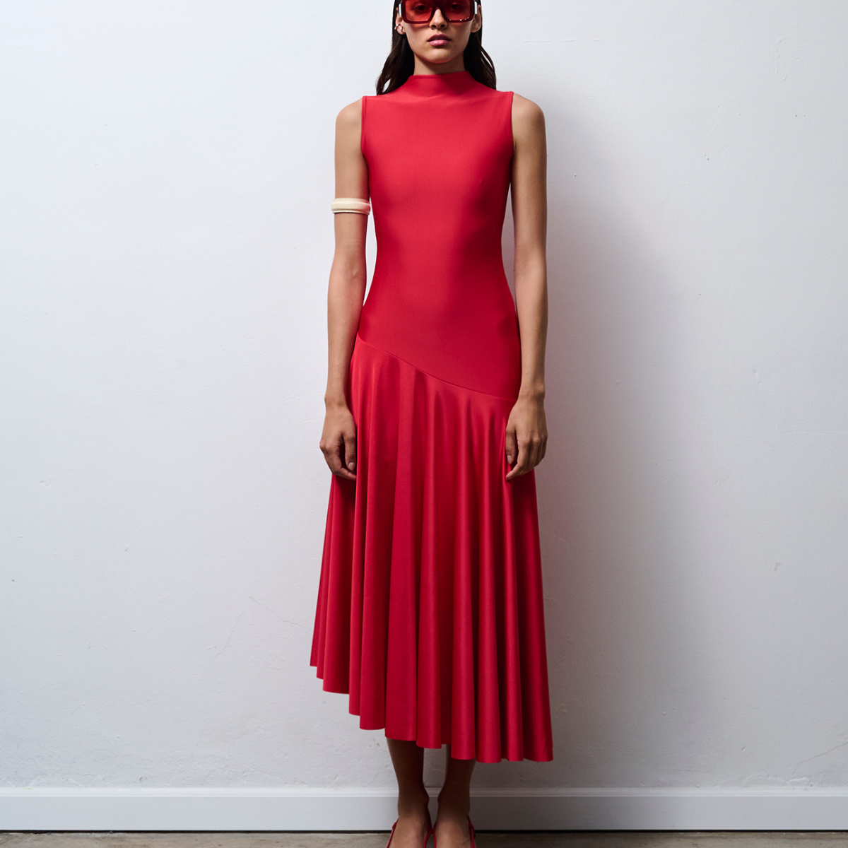 dylan mini dress red Dylan Dress in Cherry Red – Asymmetric Pleated Midi